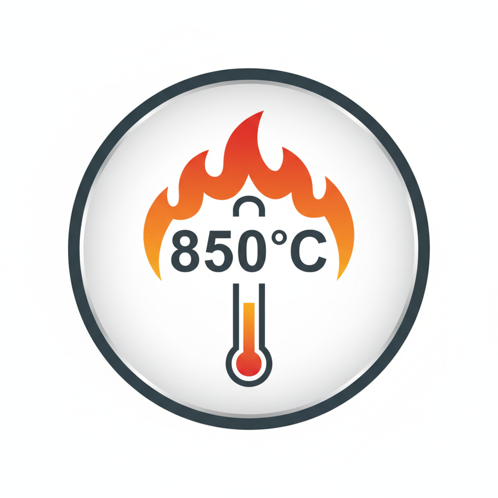 An icon showing temperature resistance up to 850 degrees celsius