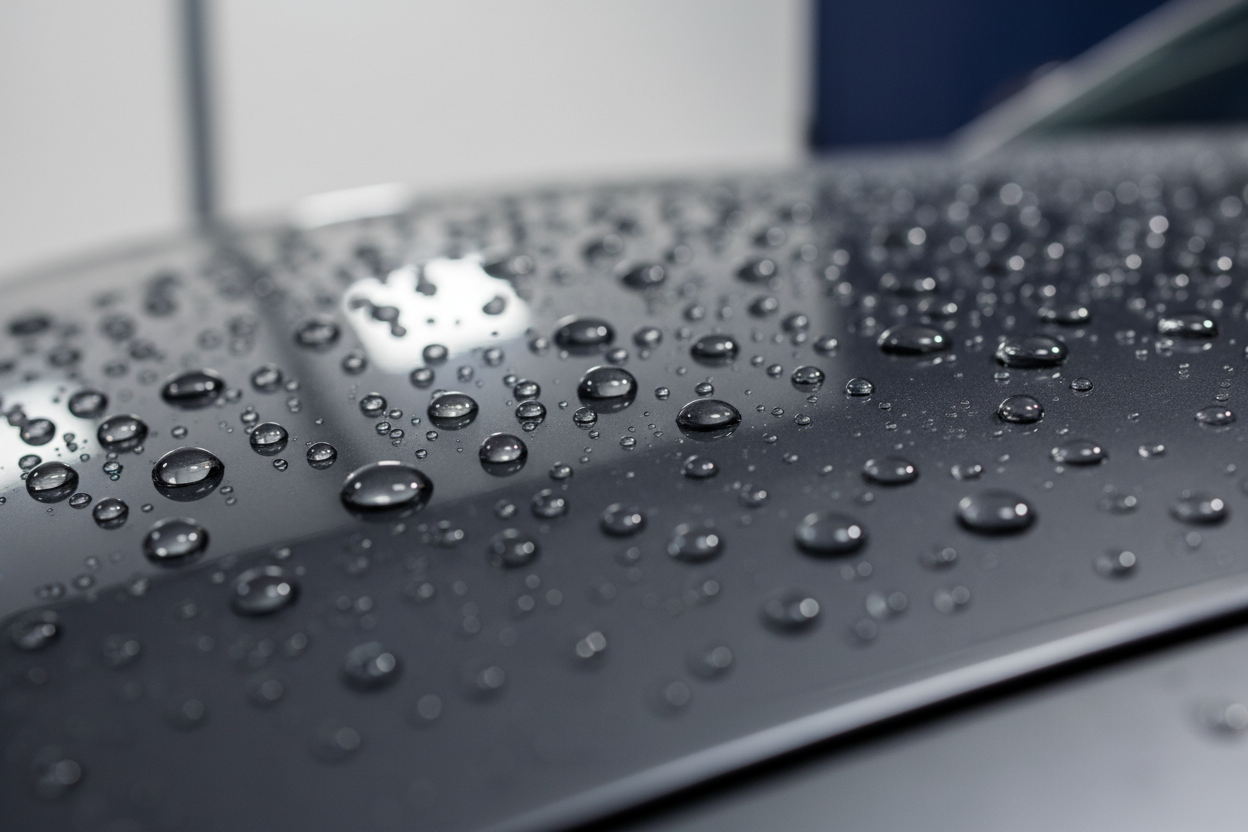 Round water beads on a hydrophobic surface